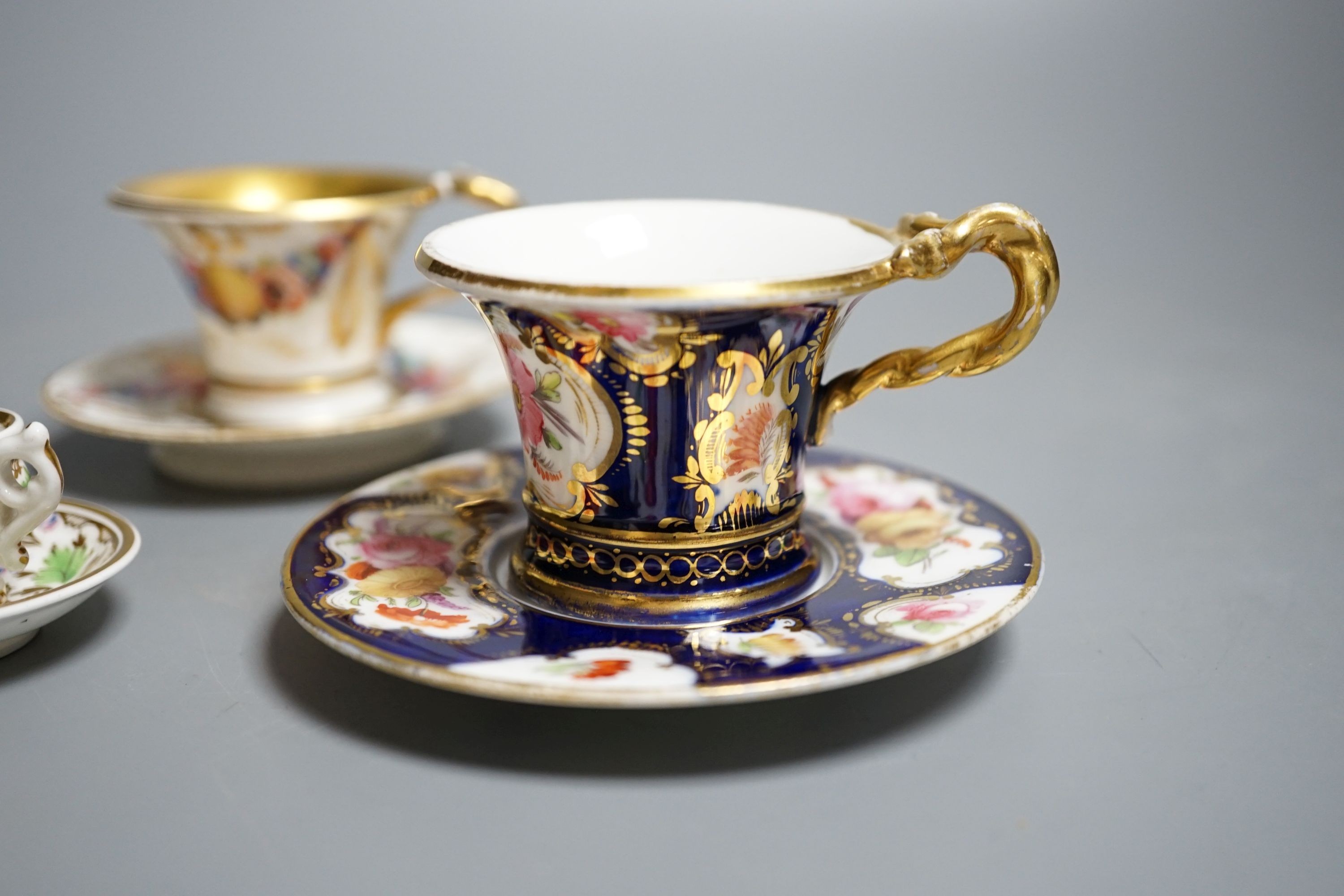 Four Coalport miniature teacups and saucers, c. 1820. Provenance - Mona Sattin collection of miniature cups and saucers, collection no.s 102, 103, 104 and 106.